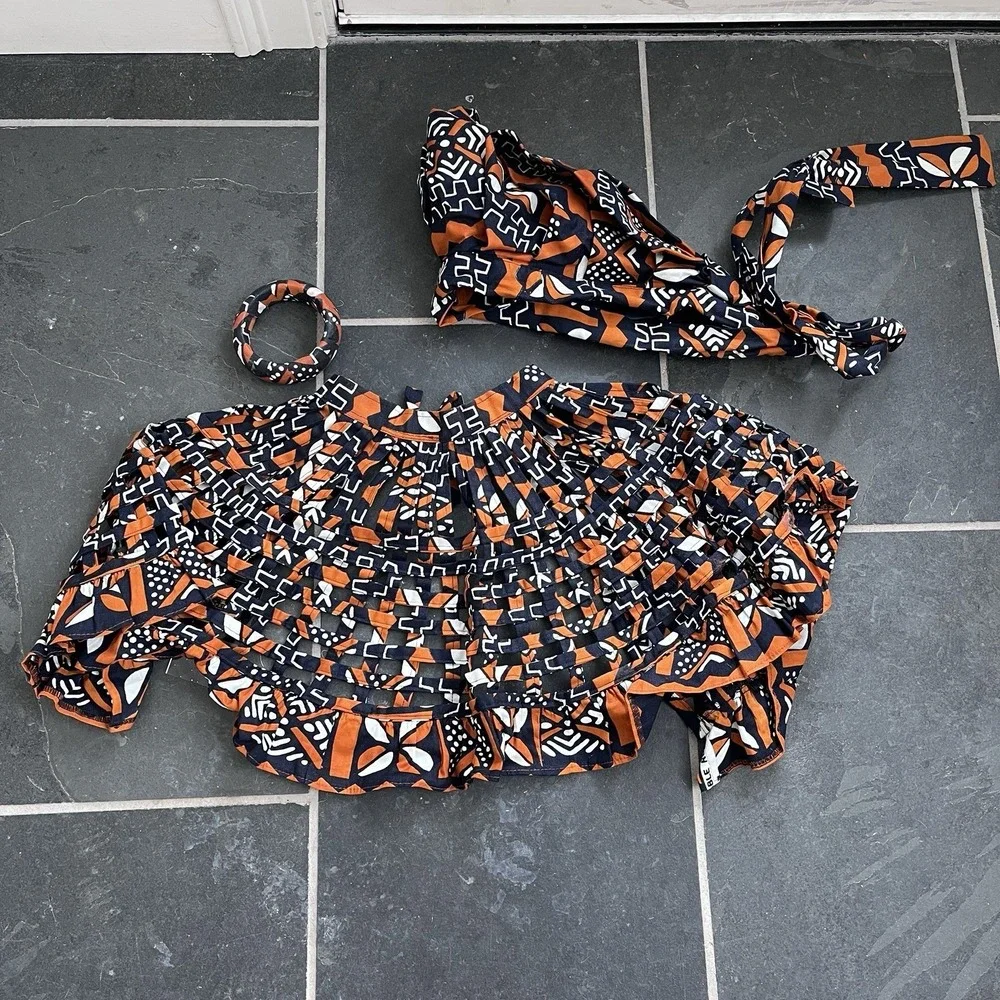 African Print Fabric Necklace Colorful Collar Neck Bib Orange Head Scarf, Bangle